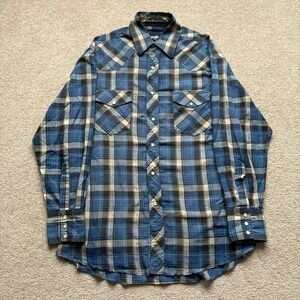 Vtg Wrangler Shirt Mens Large Blue Plaid Western Pearl Snap Long Sleeve Cowboy